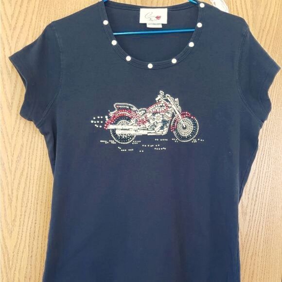Casual Kiss Black Motorcycle Shirt with Bling Sz M - Picture 1 of 3